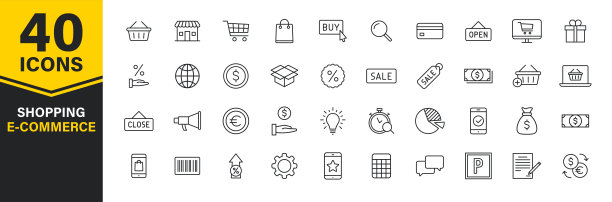 一套40个电子商务和购物网站图标在线条风格。手机商店，数字营销，银行卡，礼品。矢量插图。图片下载