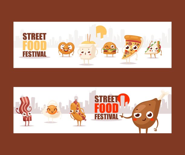 快餐卡通人物搞笑，矢量插画。为街头美食节做广告的条幅披萨、鸡腿、热狗和汉堡包的笑脸图案图片下载