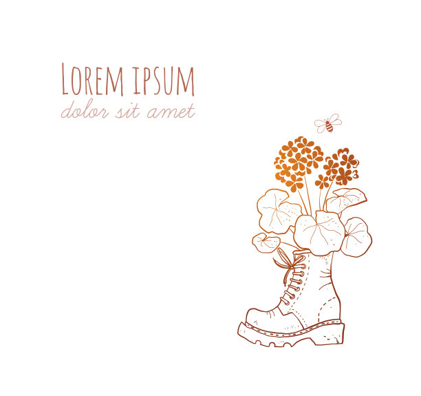 旧靴子里放着天竺葵花，还有一只小蜜蜂。图片下载