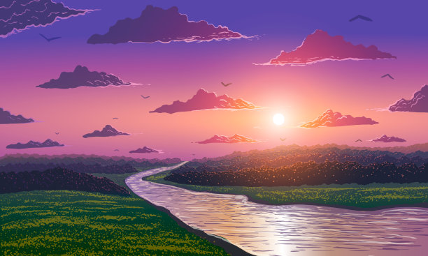 向量春天的风景。日落时，一条河在鲜花盛开的田野和森林之间。素材图片