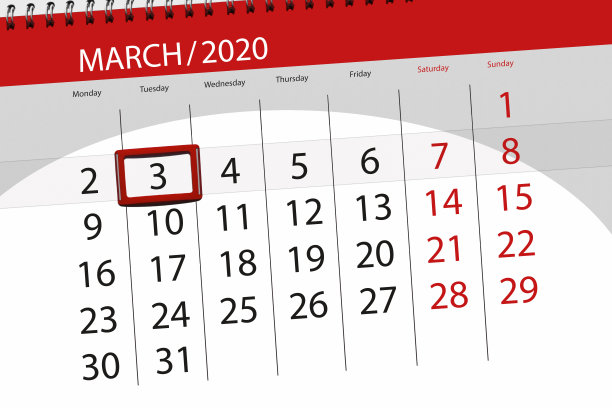 日历计划2020年3月，截止日期，3日，星期二图片下载