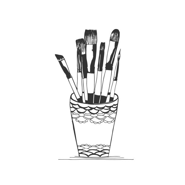 杯与笔刷，素描风格，矢量插图图片下载