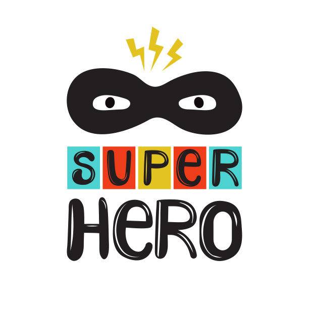 超级英雄-可爱和有趣的孩子字母。手绘颜色矢量文本。完美的婴儿印花和婴儿海报。在白色背景上孤立的徒手字母。颜色矢量图图片下载