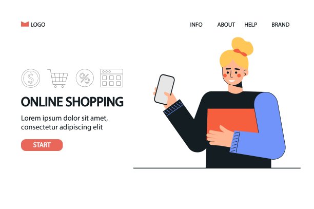 网上购物和支付的概念，一个快乐的女人拿着手机订购一个产品。平面风格矢量插图的旗帜，登陆页，移动应用程序，网页设计。图片下载