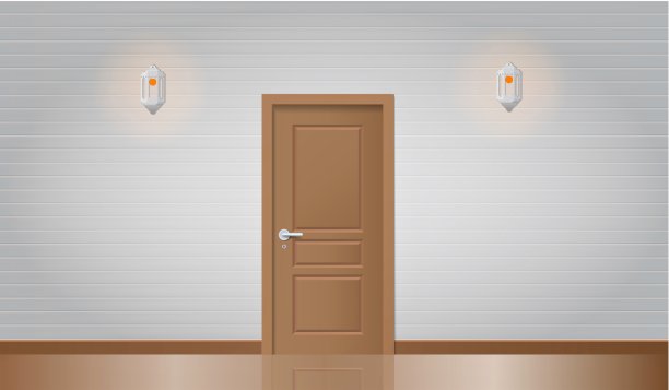 现实的木门和墙壁与灯。图片下载