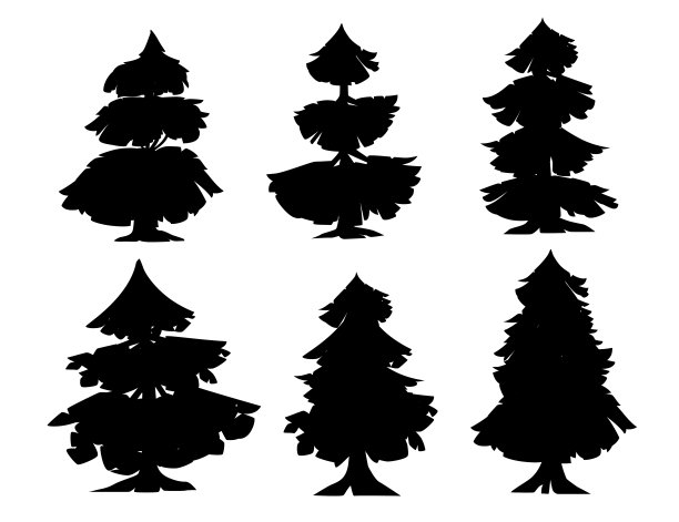 黑色剪影一套抽象现代程式化的针叶树平面矢量插图孤立在白色的背景图片下载