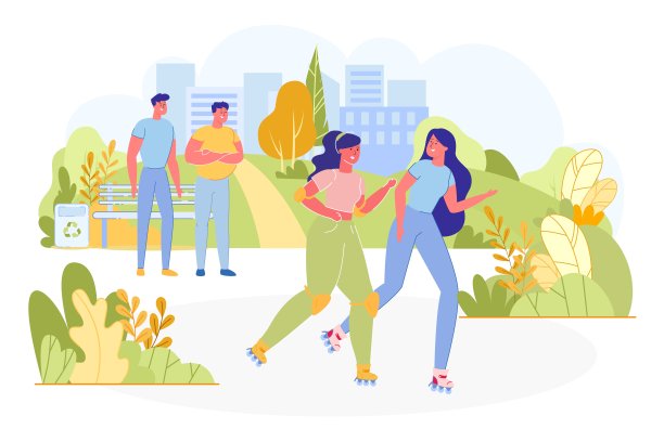 两个女人在公园滑旱冰，男人在看。图片下载