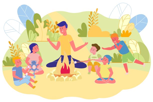 孩子和年轻人围坐在篝火旁。图片下载