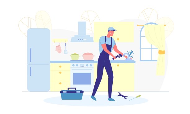 厨房水龙头上的水管维修工作，班纳。图片下载