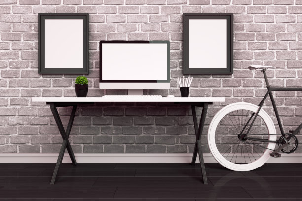 3D抽象工作场所与黑屏显示器在现代室内图片下载