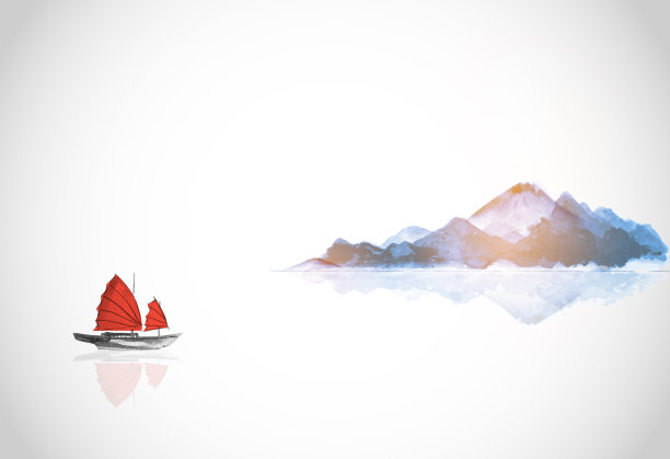 高山和传统的红帆船。传统的东方水墨画粟娥、月仙、围棋。素材图片