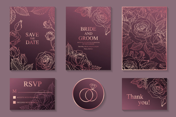 一套豪华花卉婚礼邀请设计或贺卡模板。图片下载