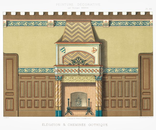 立面和哥特式壁炉，由装饰绘画1895年素材图片