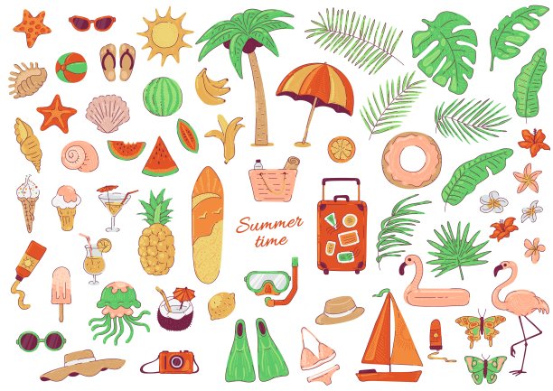 大型设置的夏季海滩假期和海上旅游。矢量水果热带叶和花。图片下载