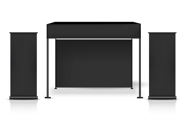 3D模拟逼真的帐篷亭摊位与旗帜POP销售营销推广在白色背景插图。活动及展览概念设计。图片下载