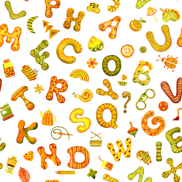 无缝模式。英语字母表，用卡通图片和蓬松的圆形字母组成的字母表。手水彩插图孤立的白色背景。儿童产品、书籍、海报设计。图片下载