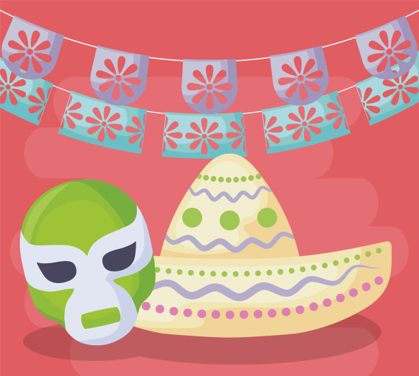 墨西哥帽子和面具旗帜三角旗矢量设计图片下载