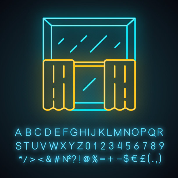 咖啡馆窗帘霓虹灯图标。一层层挂在咖啡馆窗帘杆上。窗户治疗,覆盖物。有字母、数字和符号的发光符号。向量孤立的插图图片下载
