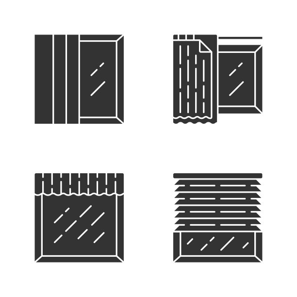 窗口处理字形图标集。面板轨道，衬垫，帷幔。房屋及办公室装修。厨房，客厅窗帘。家庭室内设计。轮廓符号。向量孤立的插图图片下载