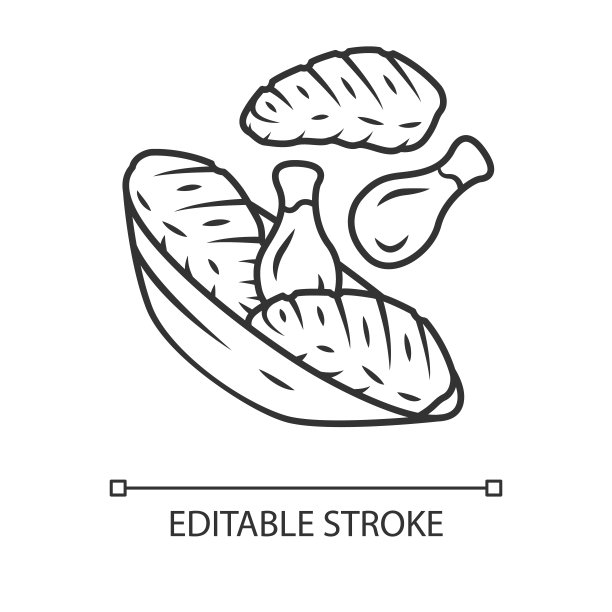 肉盘线性图标。牛排和鸡腿。肉店的产品。餐厅，烧烤酒吧菜单。细线说明。轮廓的象征。矢量孤立轮廓绘制。可编辑的中风图片下载