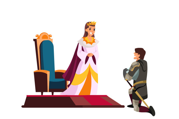 全副武装的骑士跪在女王或公主面前。骑士礼节。纪念勇士。爱情和浪漫的场景。卡通人物有男有女。矢量插图。图片下载
