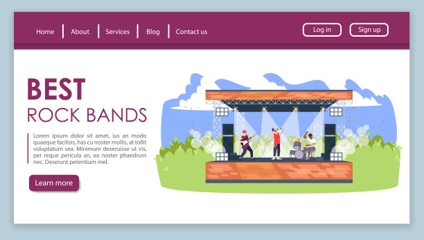 最佳摇滚乐队登陆页面矢量模板。音乐夏季音乐节网站界面创意与平面插图。露天rockfest主页布局。健全党网横幅，网页卡通概念图片下载