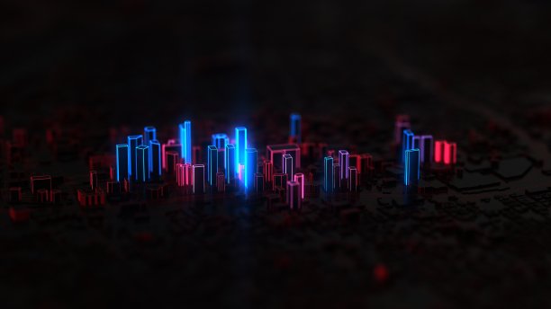 红色和蓝色边缘发光的数字城市。三维演示图片下载
