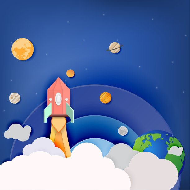 插图太空火箭发射和星系。纸艺术风格。图片下载