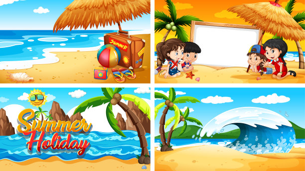 四个孩子在海滩上的背景场景图片下载