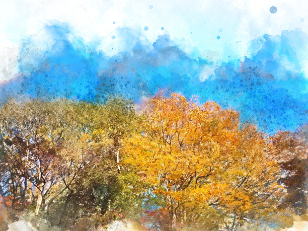 抽象彩色形状上的树和田野风景水彩插图绘画背景。图片下载