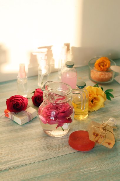 新鲜的玫瑰，花瓣，水和油的桌子上准备的天然化妆品图片下载