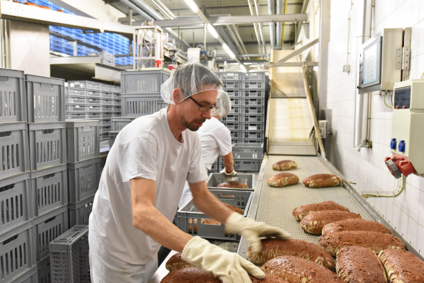 工人在一家大型烘焙-工业生产烘焙产品的流水线上图片下载