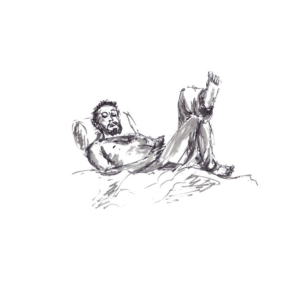 晚上放松休息的男人在床上用手机、素描水彩画和墨水图片下载