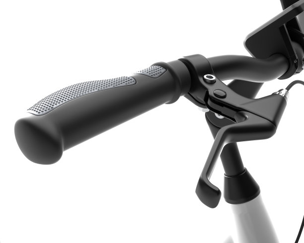 电动自行车详细的电动自行车把手，手柄，刹车把手关闭隔离在白色背景3d渲染图片下载