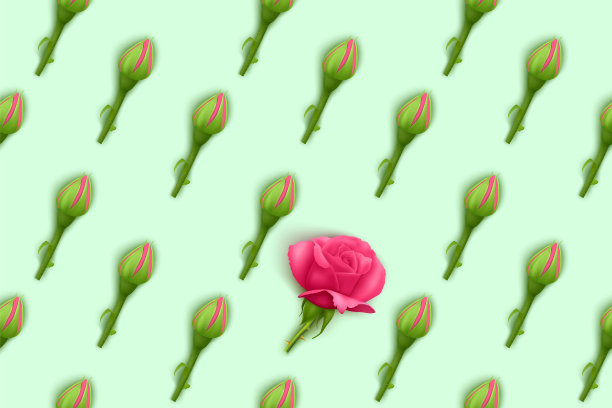 矢量插图背景与现实花卉图案与玫瑰红玫瑰花束和绿叶图片下载