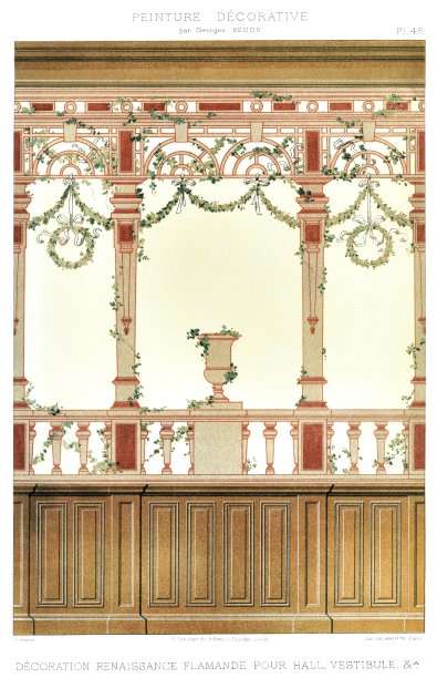 佛莱芒文艺复兴时期对前厅的装饰，由装饰画创作于1895年素材图片