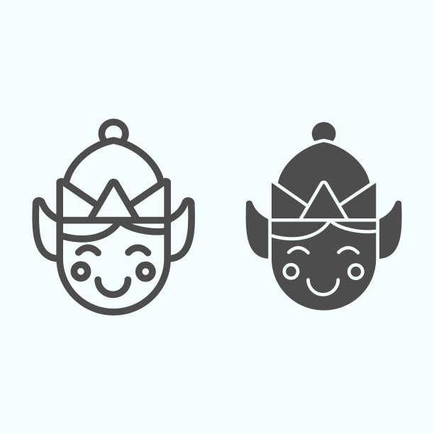 精灵线和固体图标。圣诞老人的小助手人微笑着戴着帽子。圣诞矢量设计概念，轮廓风格的象形图上的白色背景，用于web和应用程序。图片下载