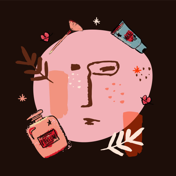 现代化妆品横幅与脸grunge传单，美妆，口红，粉底，草图模板图片下载