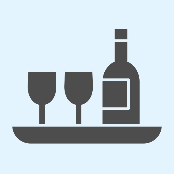 酒瓶和玻璃的固体图标。酒店的饮料，香槟和两个托盘上的杯子。Horeca矢量设计概念，白色背景上的象形文字风格，用于web和应用程序。Eps 10。图片下载