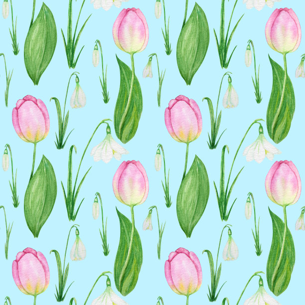 无缝图案与雪花莲和郁金香春天复活节花与绿色的叶子。蓝色背景手绘水彩插画。春天辛博尔图片下载