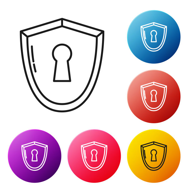 黑线屏蔽与钥匙孔图标隔离在白色背景。保护、安全概念。安全徽章图标。隐私旗帜。国防标签。设置彩色圆形按钮图标。矢量图图片下载