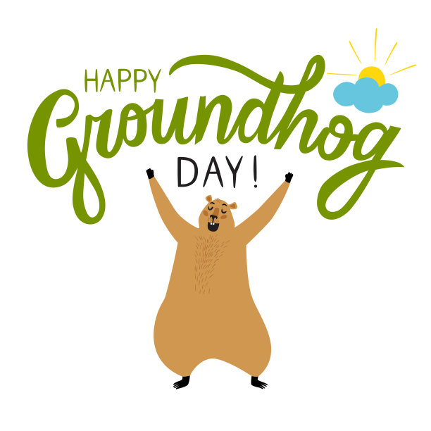 土拨鼠日插图与标题和卡通打哈欠土拨鼠。图片下载