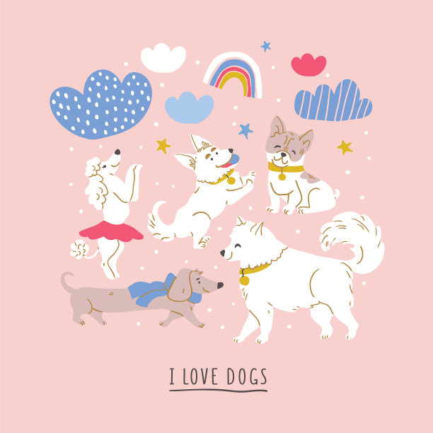 插图可爱的狗品种，云彩，彩虹图片下载