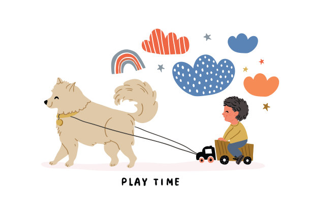 男孩和萨摩耶犬卡车插画图片下载