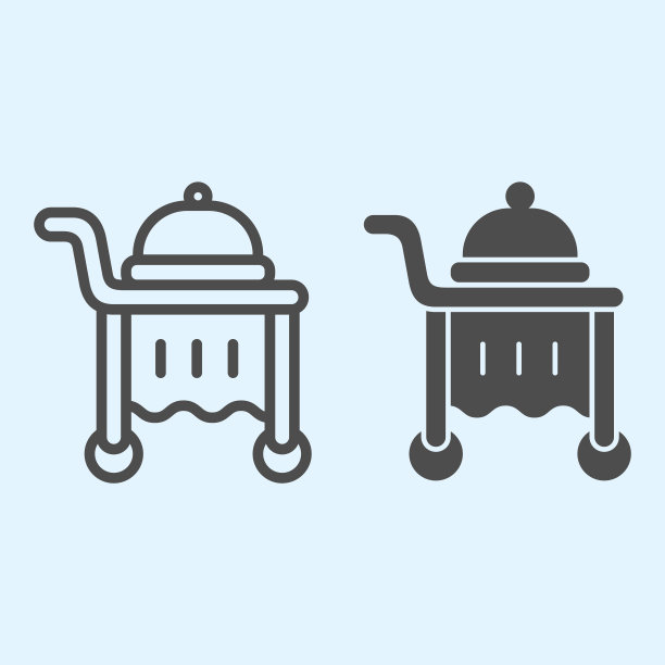 客房服务线和立体图标。餐车托盘上有轮子和盘子。Horeca矢量设计概念，白色背景上的轮廓风格象形图，用于web和应用程序。Eps 10。图片下载