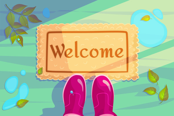 欢迎用绿叶和胶靴擦门垫。你好春天季节背景。横向概念的贺卡和邀请横幅。彩色平访插图。嘉宾设计矢量海报图片下载