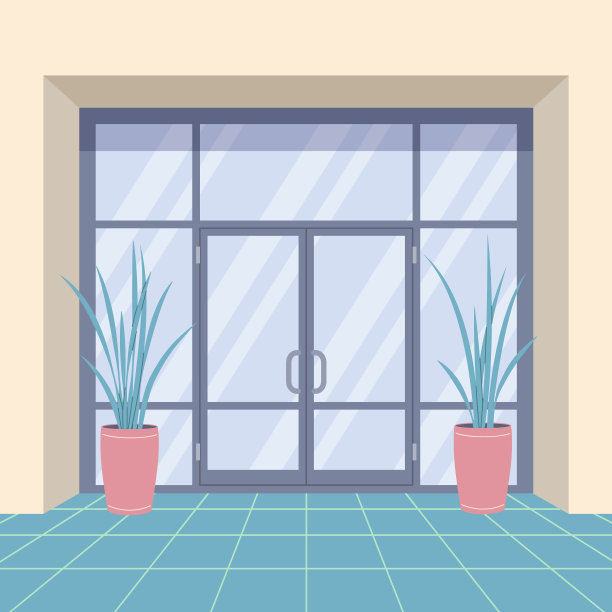 办公室室内与门和盆栽植物。图片下载