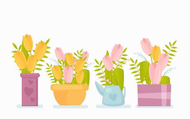 春季花在花盆平面矢量插图设置图片下载
