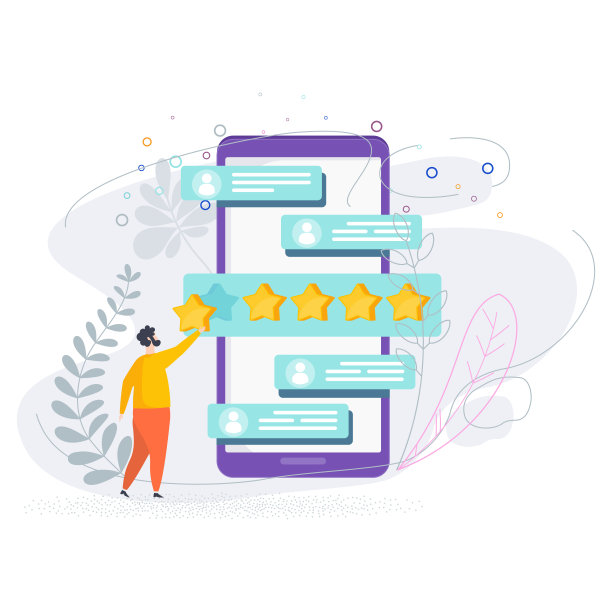 手机屏幕上的男人和五星评级。图片下载