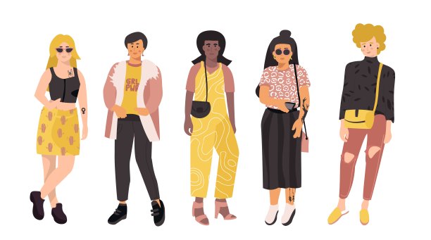 多元化的女性。女权女性团体，涂鸦女权赋权概念，不同的国际女孩。向量概念女孩集图片下载